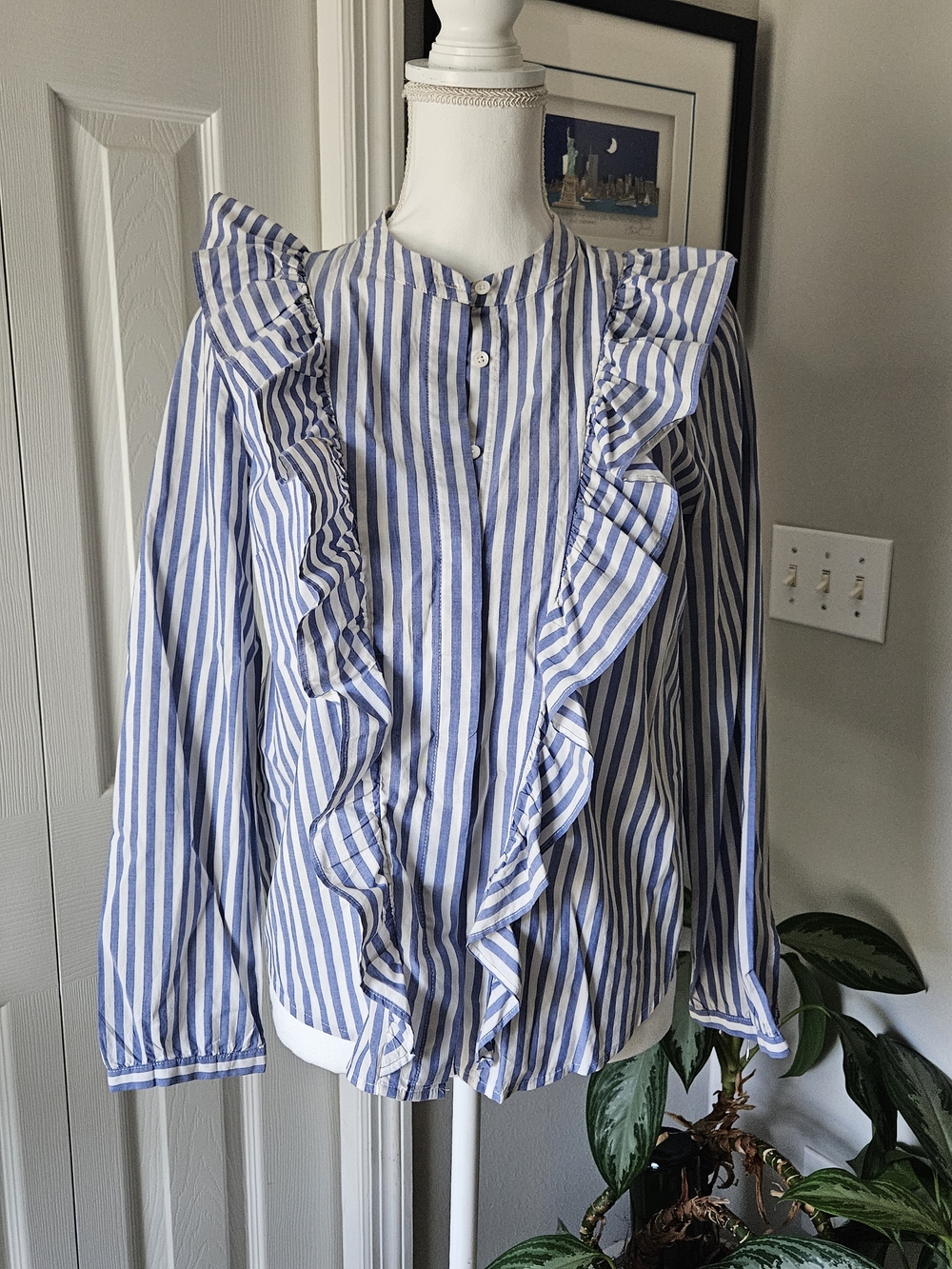 Madewell Blue and White Striped Ruffle Button-Down Top